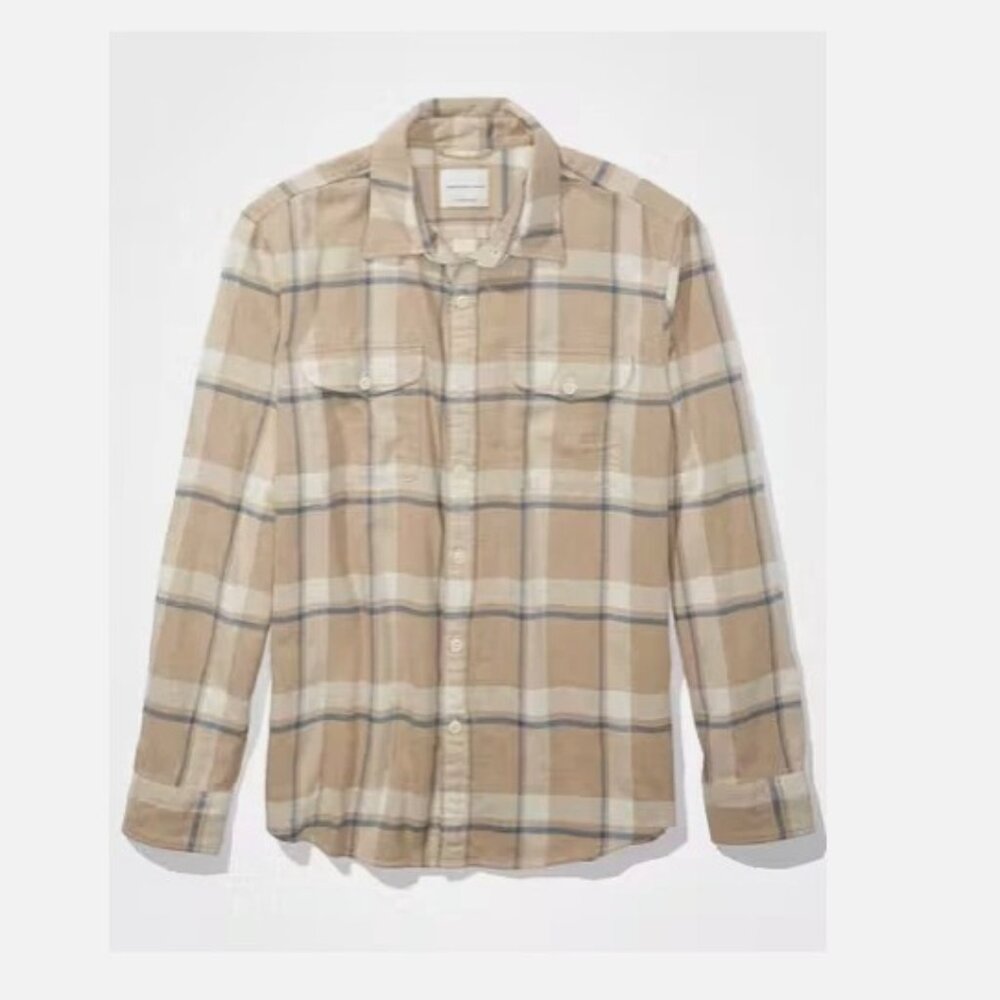 AMERICAN EAGLE Mens Super Soft Beige Plaid Flannel Shirt ** Small **